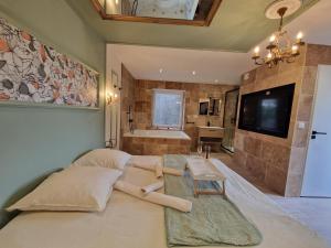 a bedroom with a large bed and a tv and a tub at L'éxperience LOVE ROOM in LʼÉtrat