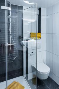 a bathroom with a toilet and a glass shower at Birkenhof Brand in Brand +72 photos