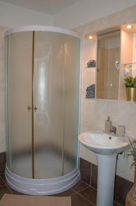 een badkamer met een douche en een wastafel bij Chata Soukenná in Dolní Moravice