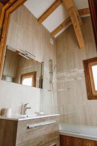 a bathroom with a shower and a sink and a mirror at Chalet Dranse Winter Ski Summer Vtt Hot Tubsauna in Saint-Jean-dʼAulps