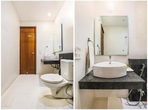 two pictures of a bathroom with a toilet and a sink at FabHotel The Residency DLF Galleria in Gurgaon