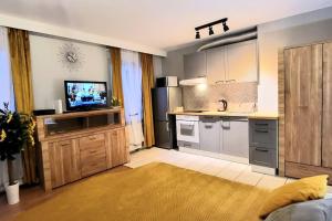 a kitchen with a sink and a tv in it at Cozy modern Apartment SUNRISE studio 35m2 balcony 3 persons in Krakow