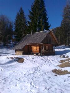 a log cabin with snow in front of it at Hiška vogar in Bohinj