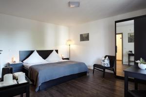 Habitación de hotel con cama y espejo en Pension Schlossgasse, en Lieberose