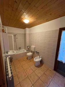 a bathroom with a toilet and a tub and a sink at Chalet Baita Magugnaga in Ceppo Morelli