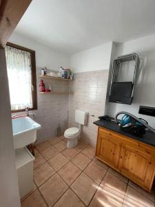 a bathroom with a sink and a toilet and a tv at Chalet Baita Magugnaga in Ceppo Morelli