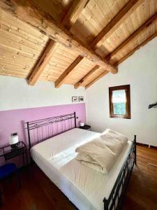 1 dormitorio con 1 cama en una habitación con techos de madera en Chalet Baita Magugnaga, en Ceppo Morelli