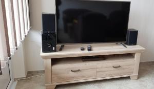 a flat screen tv on a wooden stand with two speakers at Ferienwohnung Mares in Winterberg