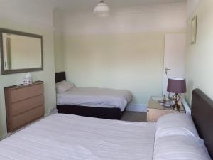 a bedroom with two beds and a dresser and a mirror at Brightwater family room for up to 3 people with shared facilities in Scarborough