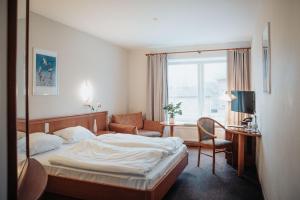 um quarto com uma cama, uma secretária e uma cadeira em Hotel & Gastro Adler GmbH em Itzehoe