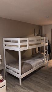 萊代塞爾的住宿－Au bout du bois Piscine sauna hammam accessible en saison et le logement accessible toute l annee，客房内的2张白色双层床