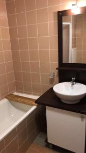 een badkamer met een wastafel, een spiegel en een bad bij Au bout du bois Piscine sauna hammam accessible en saison et le logement accessible toute l annee in Les Déserts