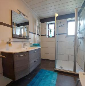 a bathroom with a sink and a shower at Ferienwohnung Gaul in Riedenburg