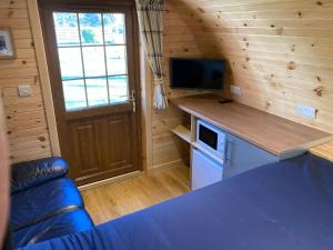 a tiny house with a tv and a counter top at Posh Pod in Tyndrum