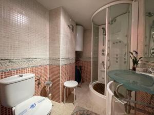a bathroom with a toilet and a shower and a sink at DreamsApt Plaza Nueva II in Seville +8 photos
