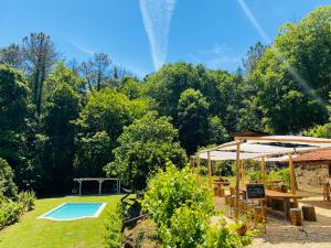 a garden with a picnic table and a pool at Land of Deveza - Tiny Houses in São Pedro do Sul