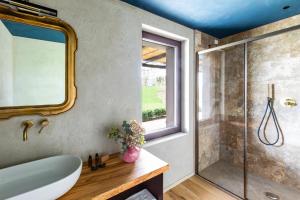 uma casa de banho com um chuveiro, um lavatório e um espelho. em Country House Oliveto sul Lago em San Nicolò