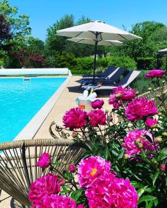- une piscine avec des fleurs roses et un parasol dans l'établissement La Sellerie at No 17, au Dorat