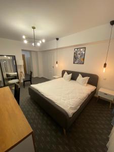 a bedroom with a large bed in a room at Conta Apartments in Craiova