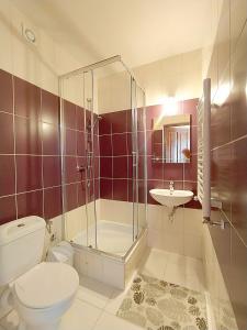 uma casa de banho com um WC, um chuveiro e um lavatório. em Pokoje Gościnne Waluś em Murzasichle
