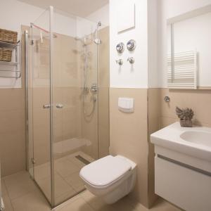 a bathroom with a shower and a toilet and a sink at Whg 03 - Keekwind in Zingst