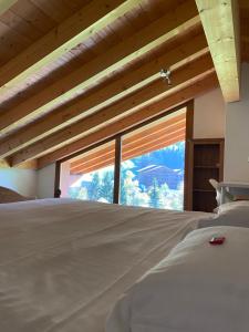 a bedroom with a large window with a view of a mountain at Apparthotel Mountain River Resort in Val dʼIlliez