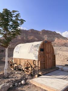 a wooden horse trailer with a tree in the desert at Badolina Ein Gedi Glamping in Ein Gedi