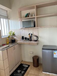 uma pequena cozinha com um lavatório e um micro-ondas em Le Vert Homes em Kampala