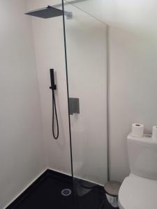 a glass shower in a bathroom with a toilet at Breakfast & Snacks, 2bedrooms 2bathrooms House in Kato Zachlorou