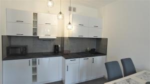 Biała kuchnia z białymi szafkami i niebieskimi krzesłami w obiekcie Apartament Silesia w Zielonej Górze