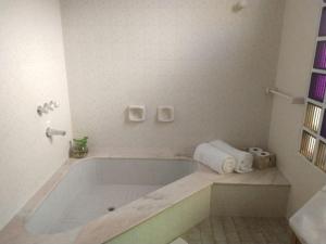 a bathroom with a tub with towels in it at Cálido y confortable Chalet a metros Mendoza Plaza Shopping in Guaymallen