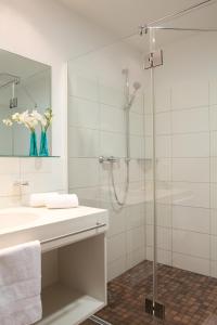 y baño con ducha y lavamanos. en Aircraft Hotel & Events en Neuhausen ob Eck