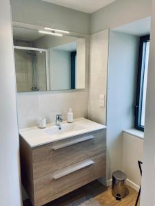 La salle de bains est pourvue d'un lavabo et d'un miroir. dans l'établissement Mas de Veyras - Gîtes 5 étoiles en Ardèche, à Lachapelle-sous-Aubenas