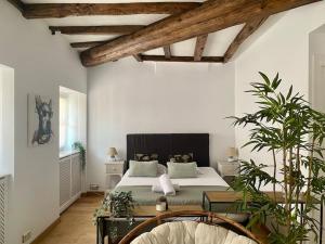 ein Schlafzimmer mit einem Bett und einem Tisch mit Pflanzen in der Unterkunft Le Roseau - en plein coeur historique in Annecy