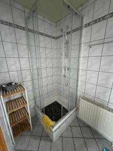 a bathroom with a shower with a drain in it at Ferienwohnung am grünen Haus in Garz-Rügen