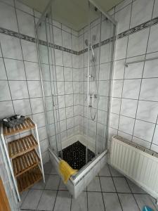 a bathroom with a shower with a drain in it at Ferienwohnung am grünen Haus in Garz-Rügen +5 photos