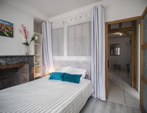 1 dormitorio con 1 cama y chimenea en Le Colombage-3 chambres- Hypercentre, en Troyes