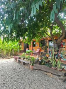 a group of benches in front of a house with plants at Rim Than View Resort in Ubon Ratchathani