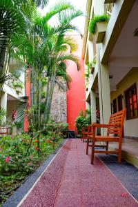 a bench sitting outside of a building with palm trees at Hotel Jardin De Iguazu in Puerto Iguazú