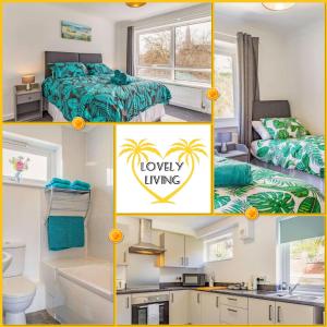 un collage de cuatro fotos de un dormitorio en Lovely Magnolia Apartment 6 single beds en Torquay