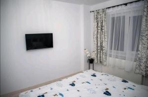 a bedroom with a bed and a tv on the wall at Apartament Daria in Tîrgu Ocna