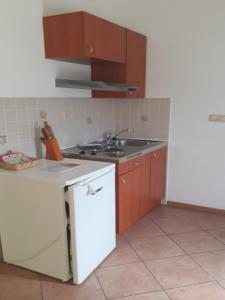 Poljica的住宿－Apartments Semafor，厨房配有水槽和白色冰箱