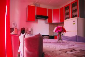 une cuisine avec des placards rouges et un vase de fleurs sur une table dans l'établissement Apartments Opsenica Barbat, à Barbat na Rabu