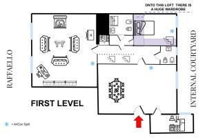 The floor plan of Raffaello apartment with fireplace in Oltrarno