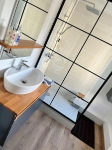 La salle de bains est pourvue d'un lavabo blanc et d'une douche. dans l'établissement Très belle appartement plein centre ville, à Tourcoing