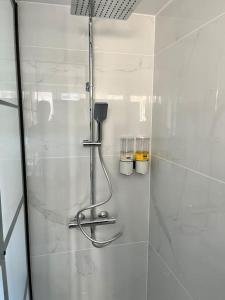 La salle de bains est pourvue d'une douche avec une porte en verre. dans l'établissement Très belle appartement plein centre ville, à Tourcoing