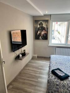 una camera con letto e TV a schermo piatto di Très belle appartement plein centre ville a Tourcoing