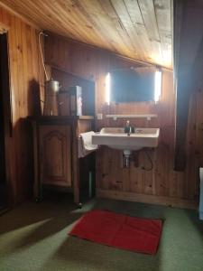 a bathroom with a sink and a red rug at Chalet accueillant et familial in Saint-Martin-Vésubie