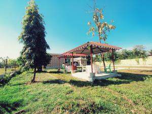 einen Pavillon auf einem Feld mit einem Baum in der Unterkunft The Green Garden Retreat, Dooars in Sukhani