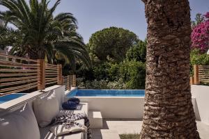 a patio with two benches and a palm tree at Dionysos Beach Resort & Villas in Mylopotas